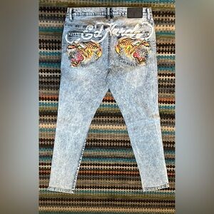 Ed Hardy Mens Jeans 32x30 Screaming Tiger & Logo Skinny Distressed Denim